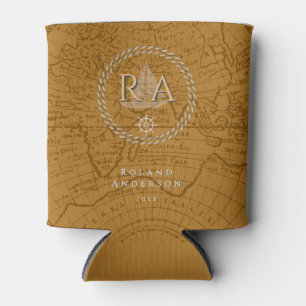 Enfriador De Latas Mapa de monograma de cuerda náutica marrón