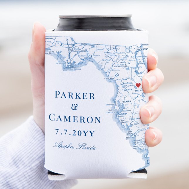 Enfriador De Latas Mapa del estado de Florida Elegante bebida favorit (Apopka Florida Map Can Coozie Wedding Favor from Coastal Map Designs in Elegant Navy blue)