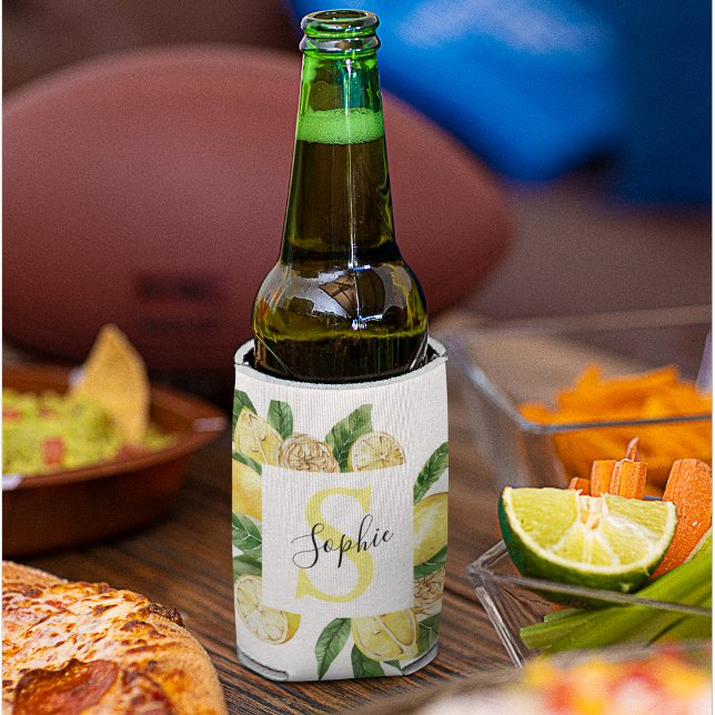 Enfriador De Latas Marco de lémon amarillo moderno y hojas con nombre (Subido por el creador)