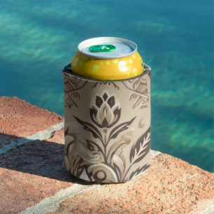 Enfriador De Latas Marfil Beige Floral Boho Indonesia Batik Watercolo