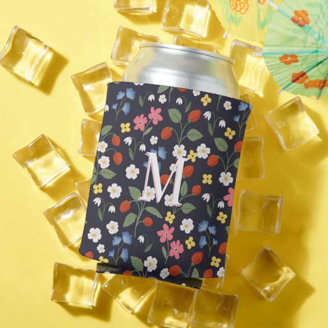 Enfriador De Latas marina monogramada con estampado de fresa silvestr (Verano in situ)
