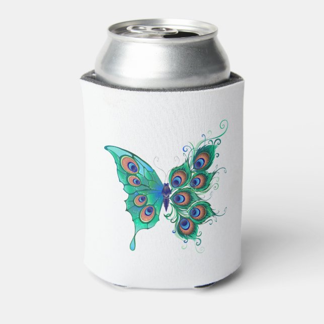 Enfriador De Latas Mariposa con plumas de pavo real verde (Reverso de la lata)