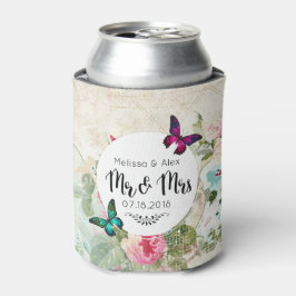 Enfriador De Latas Mariposa en un Shabby Vintage Collage Mr. y Mrs.