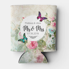 Enfriador De Latas Mariposa en un Shabby Vintage Collage Mr. y Mrs.