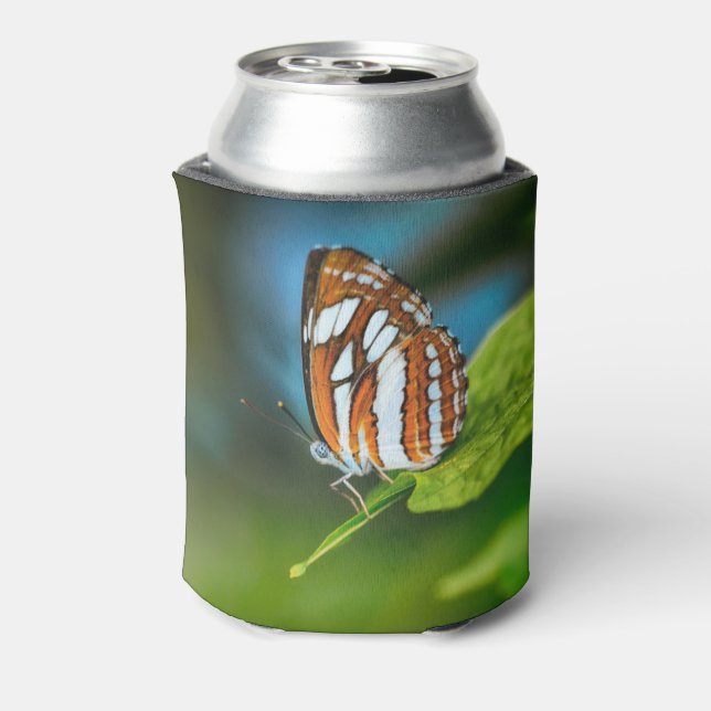 Enfriador De Latas Mariposa rayada blanca y Naranja (Reverso de la lata)