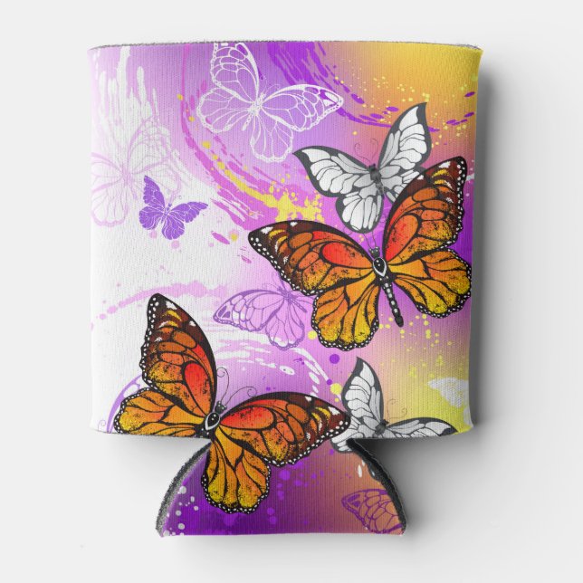 Enfriador De Latas Mariposas monarcas en fondo morado (Anverso)