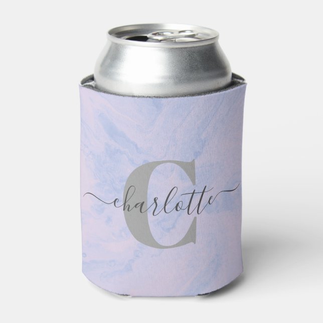 Enfriador De Latas Mármol Lavanda Lila Monograma Personalizado Elegan (Lata Anverso)