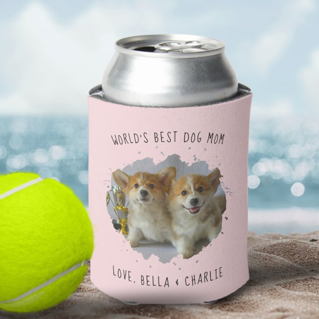 Enfriador De Latas Mascota Personalizado lindo foto Splash Mejor Perr (Cute Custom Pet Photo Splash Best Dog Mom Pink Can Cooler)