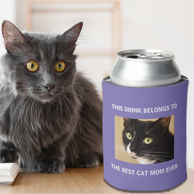 Enfriador De Latas Mejor Gato Mamá Nunca Personalizado Foto Púrpura (Celebrate the best cat mom ever with a custom photo can cooler!)