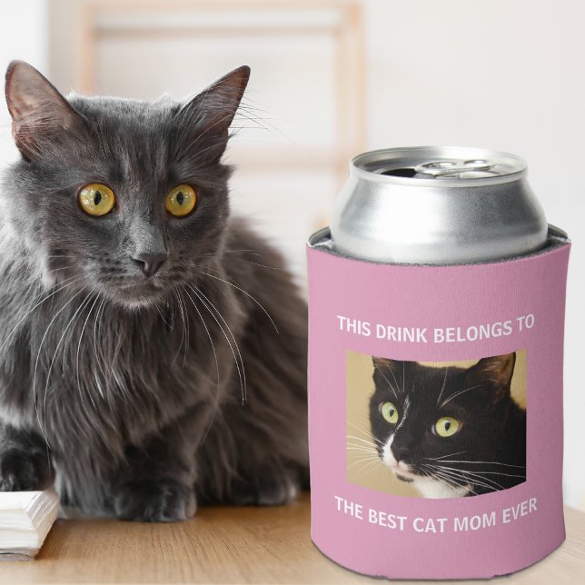 Enfriador De Latas Mejor Gato Mamá Personalizado Foto Rosa (Celebrate the best cat mom ever with a custom photo can cooler!)