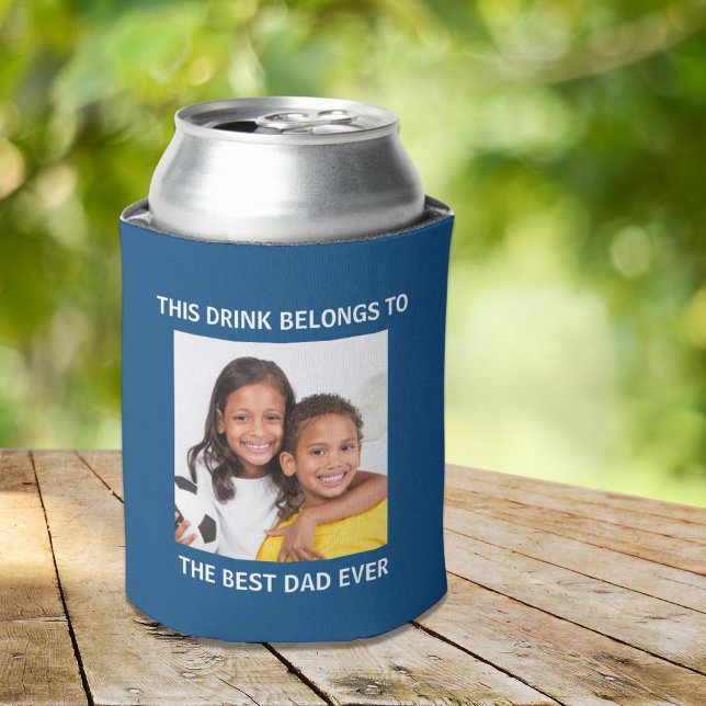 Enfriador De Latas Mejor Papá Personalizado Foto Azul (Celebrate the best dad ever with a custom photo can cooler - a gift that he will love, use and enjoy)