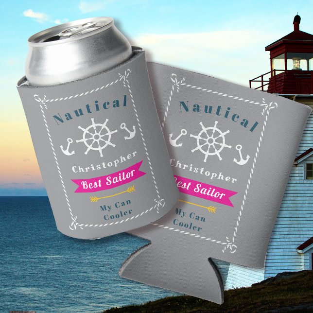 Enfriador De Latas Mejor Sailor Gray Náutico (Nautical Best Sailor Grey Can Cooler.)