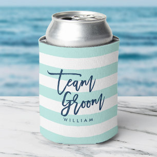 Enfriador De Latas Menta Pastel y franjas blancas Equipo azul Groom