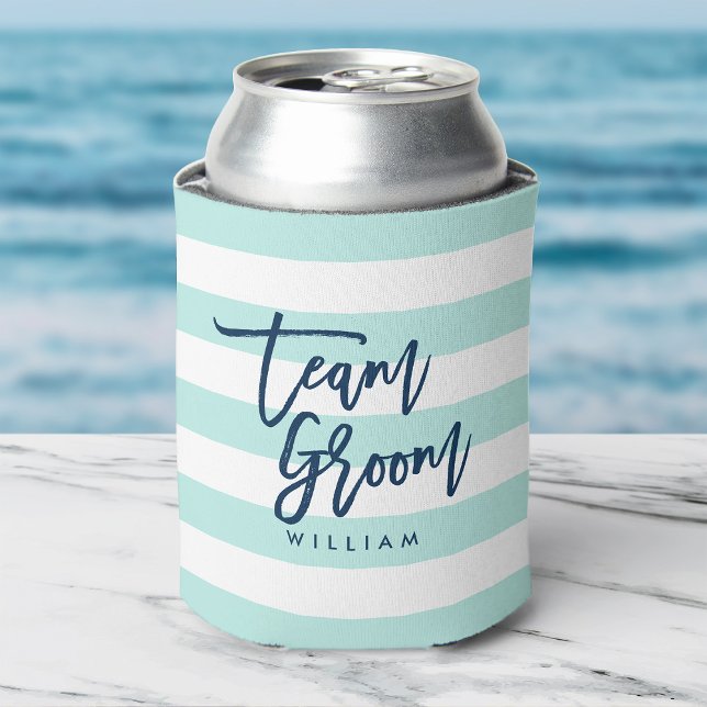 Enfriador De Latas Menta Pastel y franjas blancas Equipo azul Groom (Subido por el creador)
