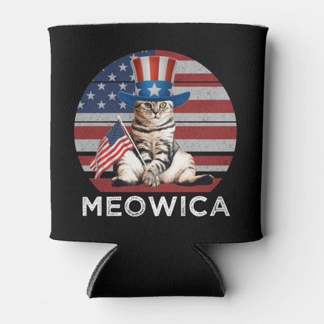 Enfriador De Latas Meowica 4 De Julio Gato Patriótico Estadounidense (Anverso)