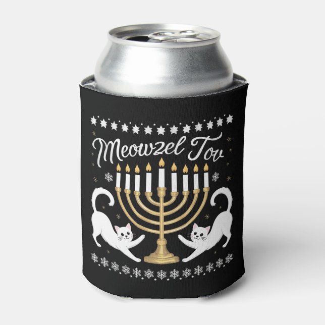 Enfriador De Latas Meowzel Tov Funny Chanukah Hanukkah Suéter feo (Lata Anverso)