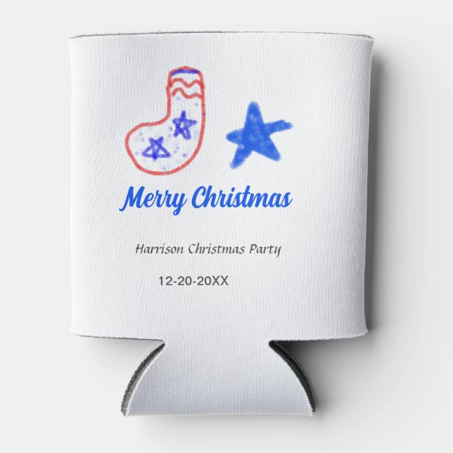 Enfriador De Latas Merry Christmas blue star red stockings name date  (Anverso)