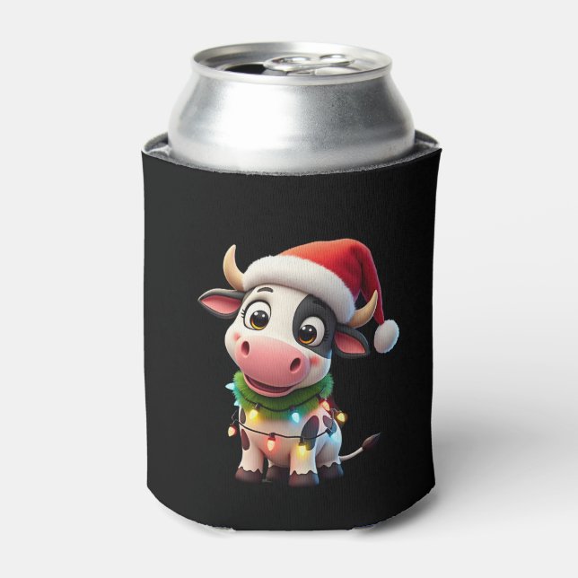 Enfriador De Latas Merry Christmas Cow Santa Christmas Lights Cow Xma (Lata Anverso)