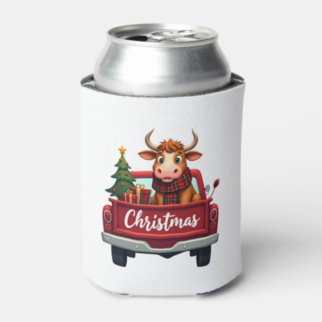 Enfriador De Latas Merry Christmas Highland Cow Christmas Tree Red Tr (Lata Anverso)