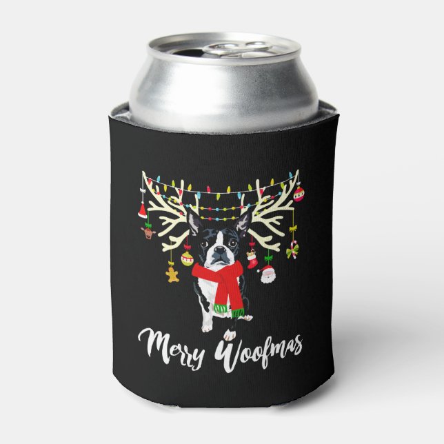 Enfriador De Latas Merry Woofmas Boston Terrier Reindeer Navidades (Lata Anverso)
