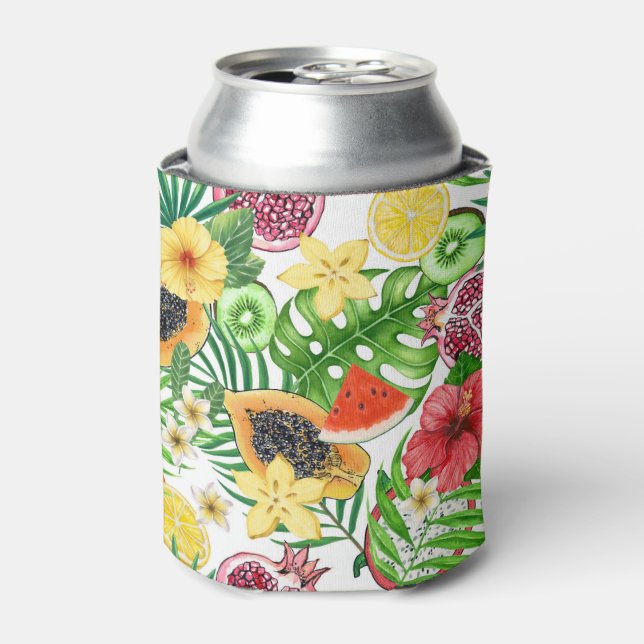 Enfriador De Latas Mezcla tropical, flores y hojas en blanco (Lata Anverso)