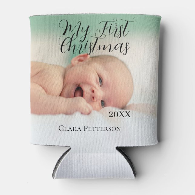 Enfriador De Latas Mi primera foto de bebé navideña añada nombre año  (Anverso)