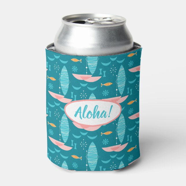 Enfriador De Latas Mid Century Pink Catamaran - Blue Background (Lata Anverso)