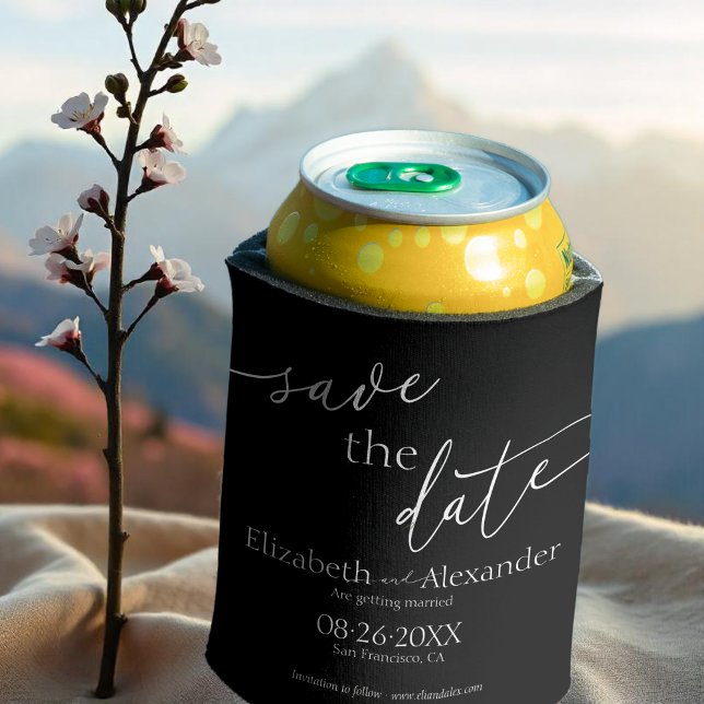 Enfriador De Latas Mínimo Fancy Black & White Script Save the Date (Subido por el creador)