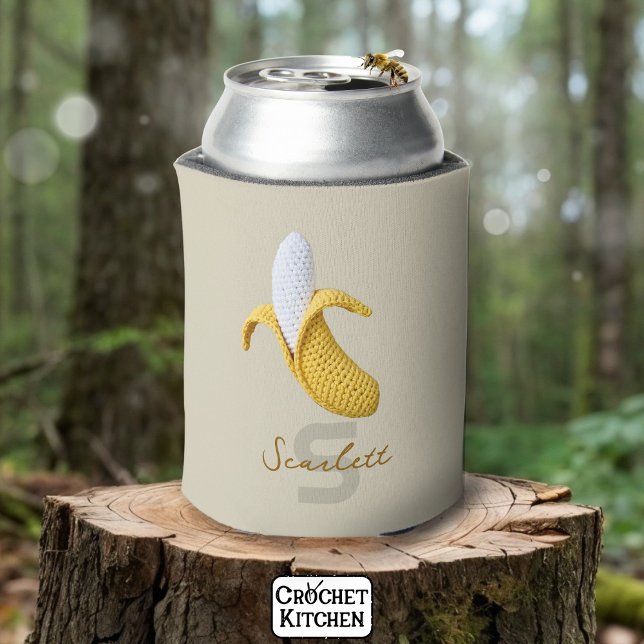 Enfriador De Latas Mínimo Monograma moderno Nombre Crochet Banana (Subido por el creador)