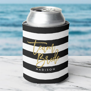 Enfriador De Latas Moda Banda negra y blanca Faux Gold Team Bride