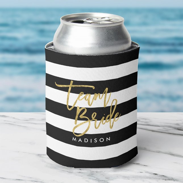 Enfriador De Latas Moda Banda negra y blanca Faux Gold Team Bride (Subido por el creador)