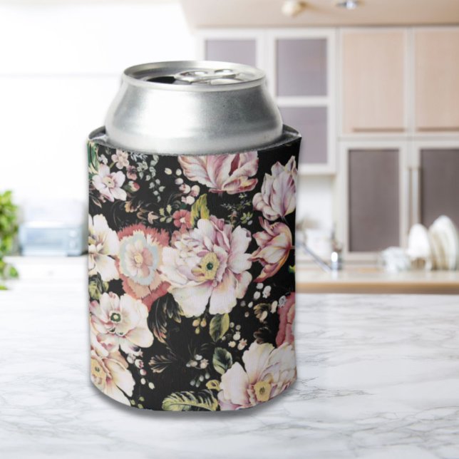 Enfriador De Latas moda bohemia flores rosadas oscuras florales (bohemian chic blush pink flowers dark floral can cooler)