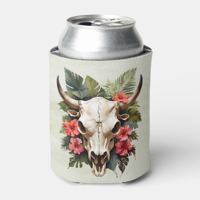 Enfriador De Latas Moda Boho Acuarela Floral Tropical Cow Skull (Lata Anverso)