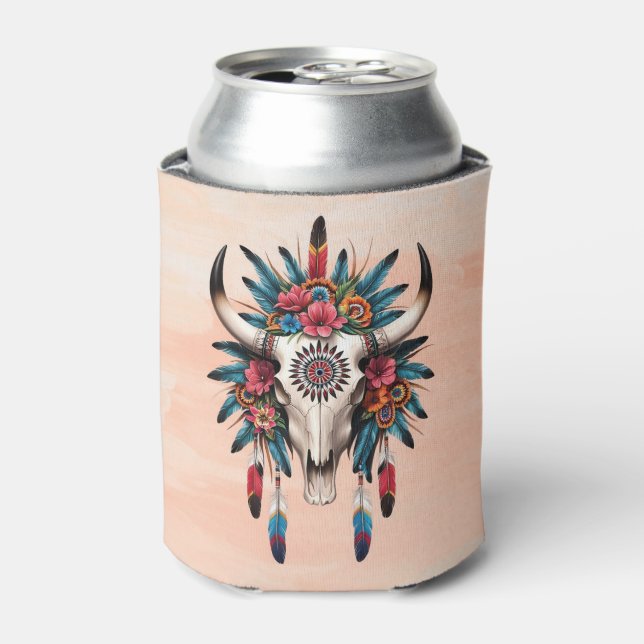 Enfriador De Latas Moda Boho Acuarela Tribal Floral Cow Skull (Lata Anverso)