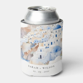 Enfriador De Latas Moda mínima Santorini Grecia Boda acuarela