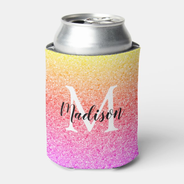 Enfriador De Latas Moda Purpurina arcoiris Script Monograma personali (Lata Anverso)