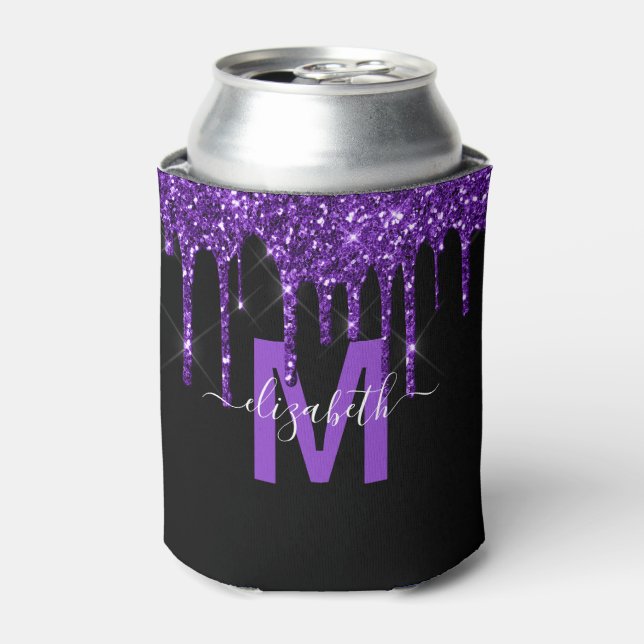 Enfriador De Latas Moda Purpurina de goteo morado Monograma Nombre (Lata Anverso)