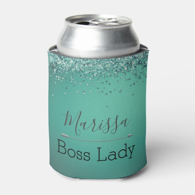 Enfriador De Latas Moda Purpurinoso Turquesa Personalizada Jefe Lady (Lata Anverso)