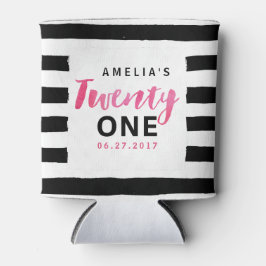 Enfriador De Latas Moda Rayas blancas y negras Pink 21º cumpleaños
