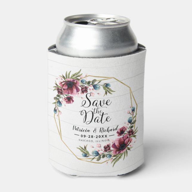 Enfriador De Latas Moda Rústica Boda Floral Borgoña Salva La Fecha (Lata Anverso)