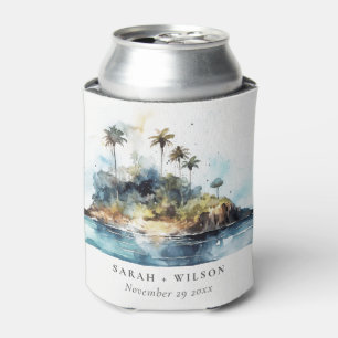 Enfriador De Latas Moda Watercolor Seascape Palm Tree Island Boda