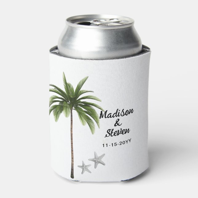 Enfriador De Latas Modern Beach Palm Tree Wedding Favor (Lata Anverso)