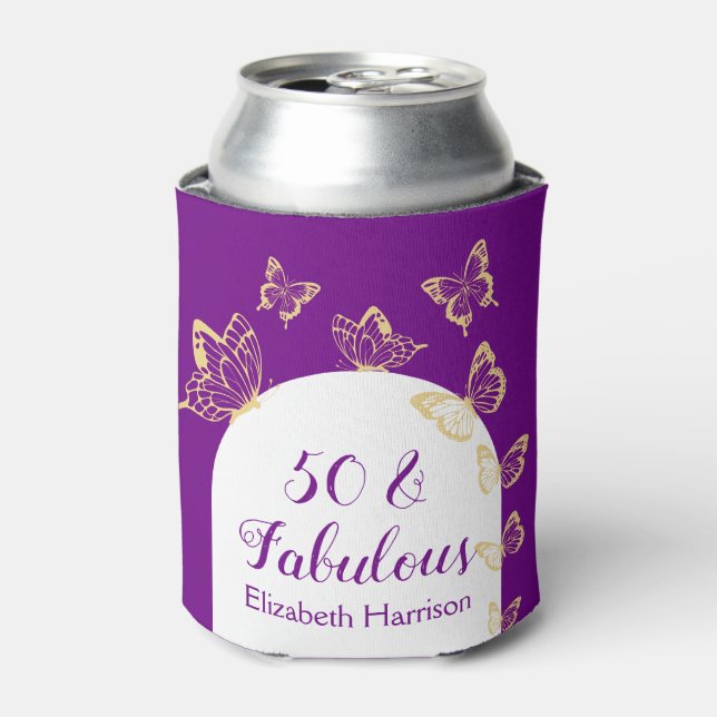 Enfriador De Latas Modernas mariposas de oro morado fabulosas cumplea (Lata Anverso)