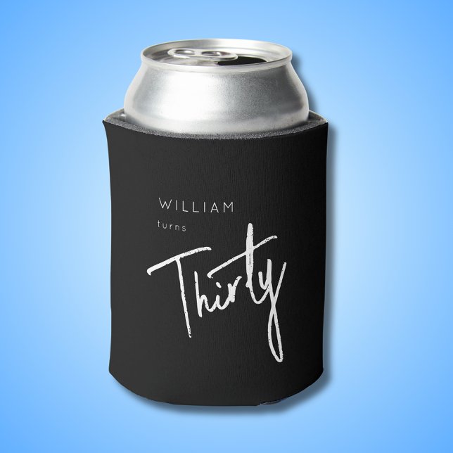 Enfriador De Latas Moderno 30° Treinta y Treinta años de negro (Black 30th can cooler with white script text. Perfect for men's thirtieth birthday party celebration)
