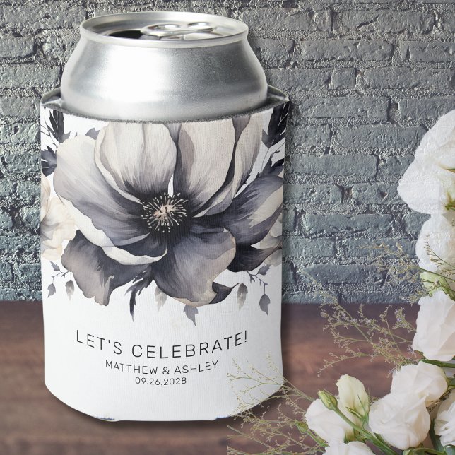 Enfriador De Latas Moderno Boda blanco floral elegante (Modern Elegant Boho Floral Black White Wedding Can Cooler)
