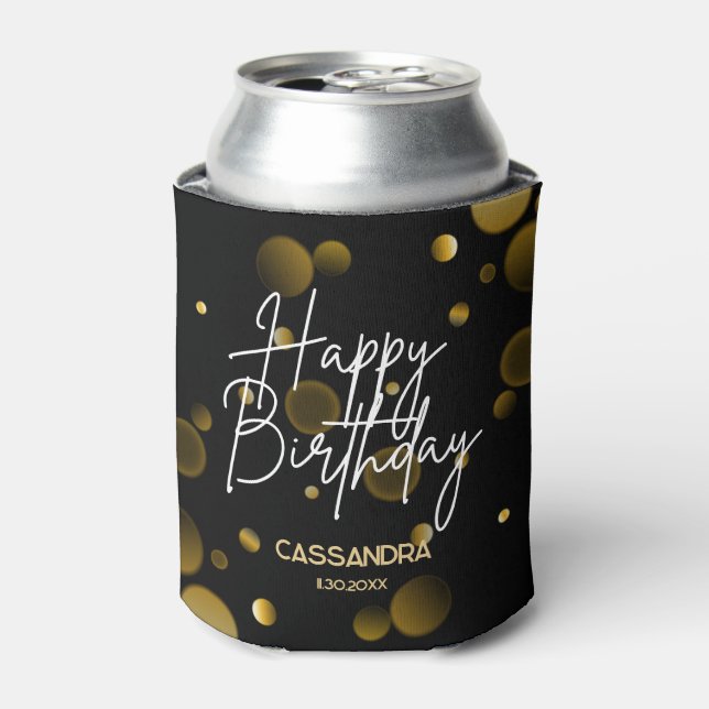 Enfriador De Latas Moderno Gradiente Gold Bokeh Black Happy Birday (Lata Anverso)