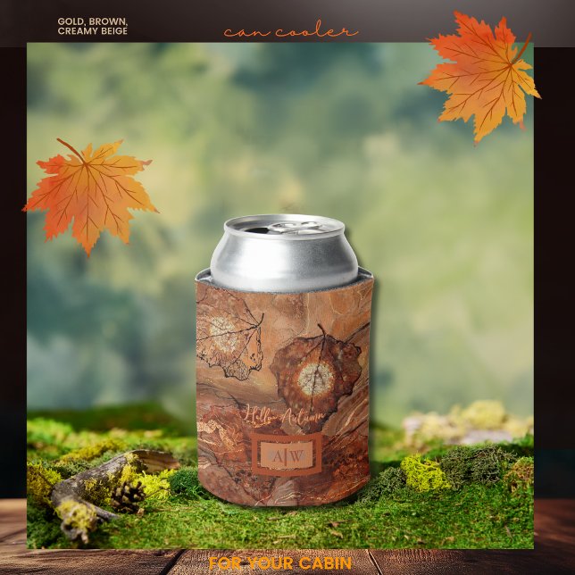 Enfriador De Latas Moderno Resumen Refrigerador de Monograma Rústico  (Modern Abstract Rustic Brown Monogram Cooler)