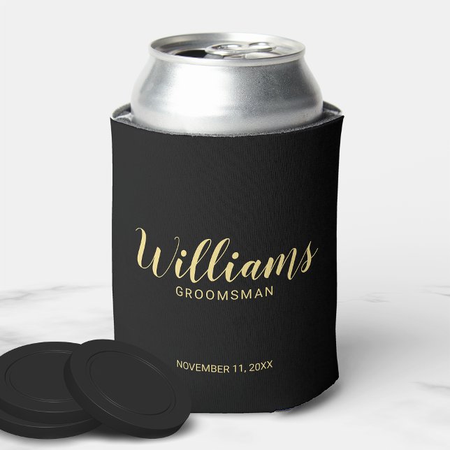 Enfriador De Latas Moderno Script Black&Gold Personalizado Groomsmen (Subido por el creador)