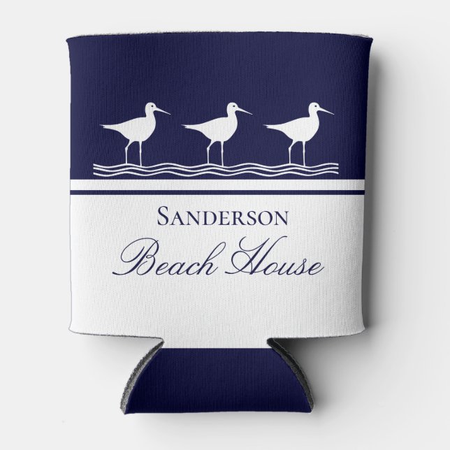 Enfriador De Latas Monogram Beach house azul marino Sandpipers (Anverso)