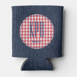 Enfriador De Latas Monogram Name Dark Blue Denim Print Gingham Check